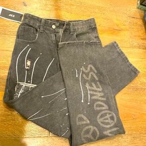 grey/black jeans, high waisted, baggy